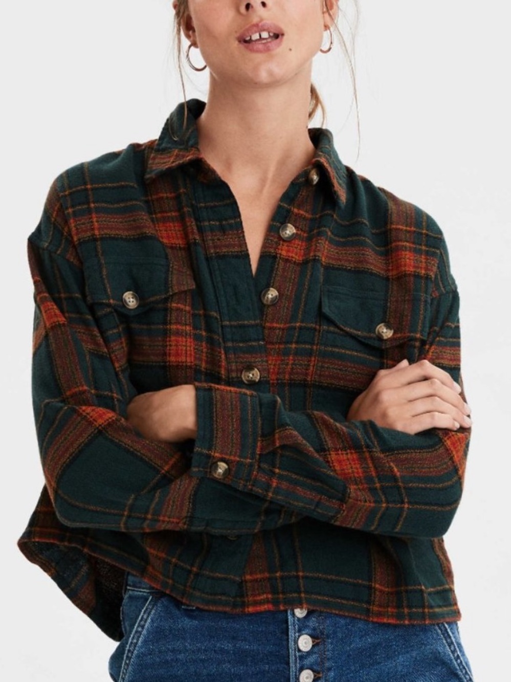 American Eagle XS Green & Orange Plaid Cropped Button Up Shirt